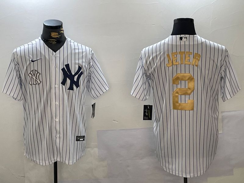 Men New York Yankees #2 Jeter White Stripe Fashion Nike 2024 MLB Jersey style 16